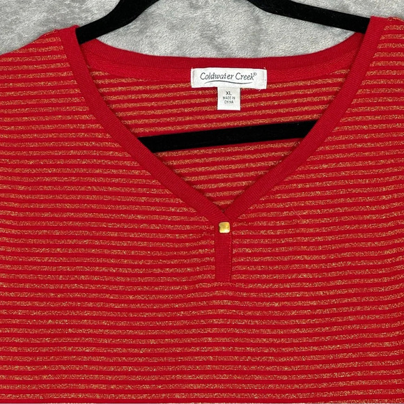 Coldwater Creek XL Shirt Top Red Striped Long Sleeve V Neck Stretch Metallic - Picture 3 of 7